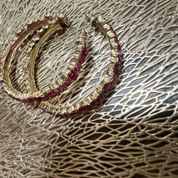 New Hot Pink Baguette Hoops gold plated 1.5 inch - Picture 2 of 3